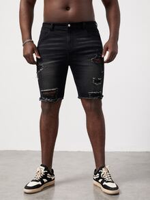 GENTILAND Hombres Shorts mezclilla bermuda desgarro crudo bajo de doblez - Negro - Ver 4