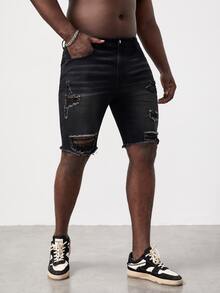 GENTILAND Hombres Shorts mezclilla bermuda desgarro crudo bajo de doblez - Negro - Ver 5