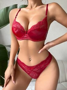 Floral Lace Scallop Trim Underwire Lingerie Set - Red - View 3