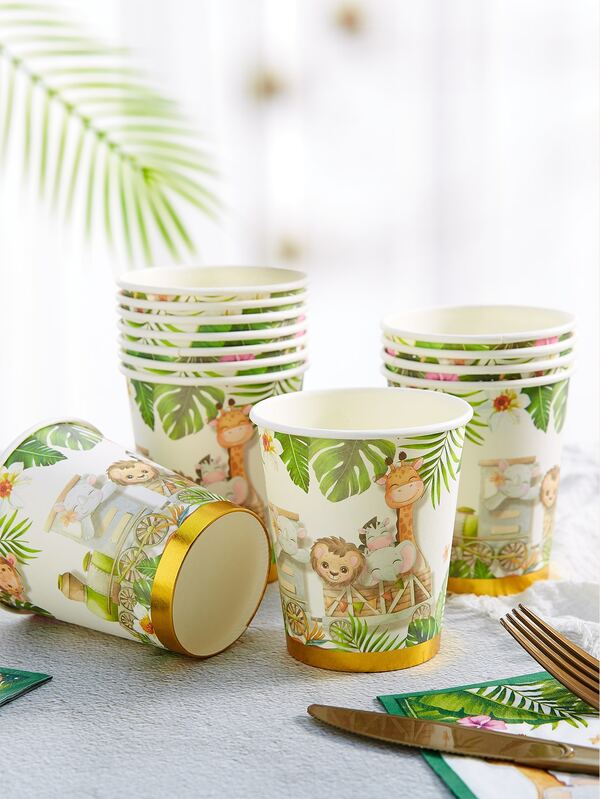 10pcs Animal & Tropical Leaf Print Disposable Cup, Cartoon Paper Animal Print Disposable Paper Cup For Party, Home