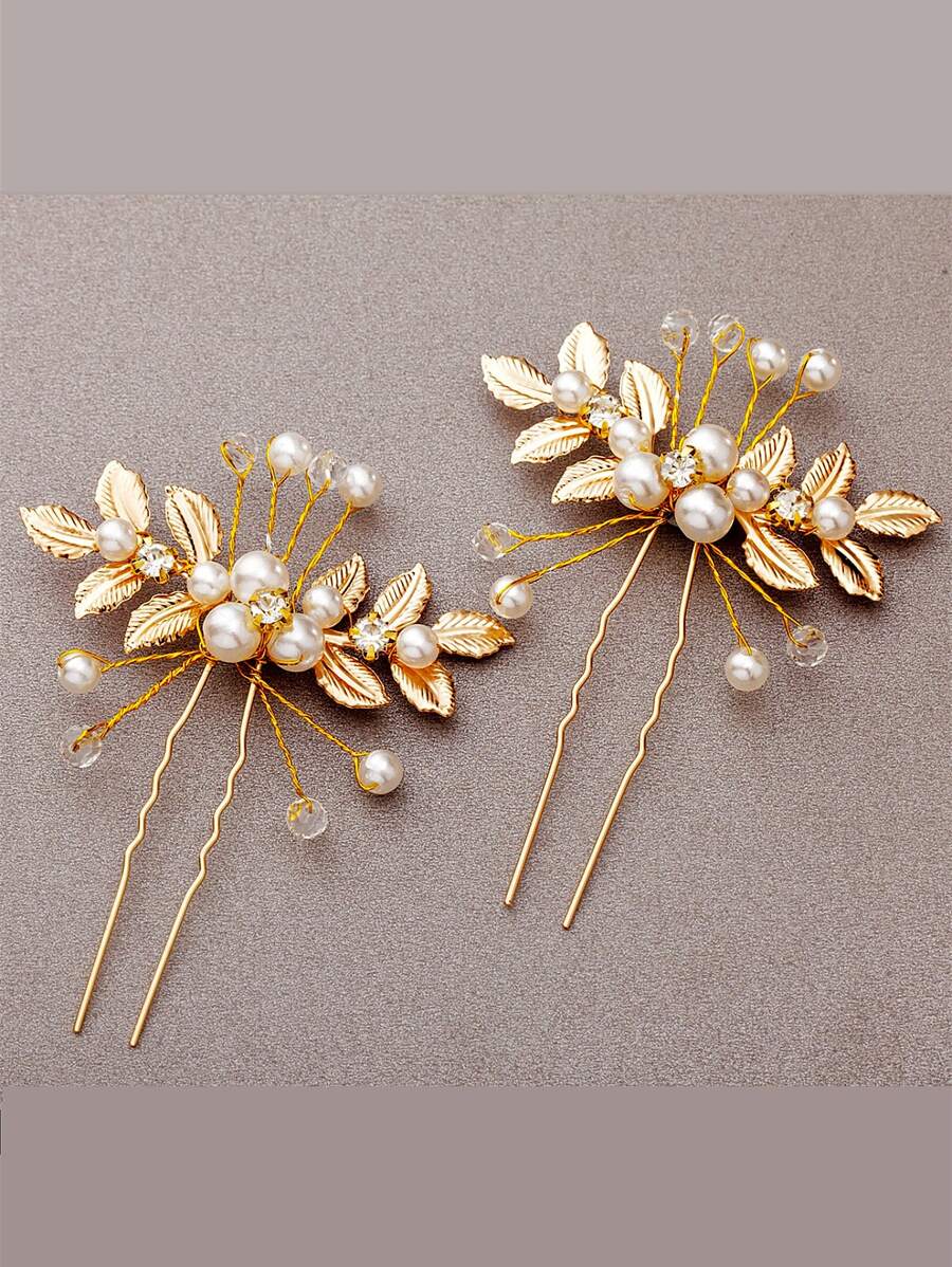 Elegant 2pcs Faux Pearl & Flower Decor Hair Pin - Multicolor - View 1