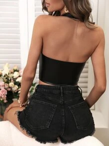 Zolique Lace Up Front PU Leather Halter Top - Black - View 2