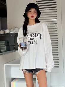 DAZY 1 chiếc áo thun oversize hở vai in chữ, quần áo thu dài tay cho nữ - trắng - Xem 1