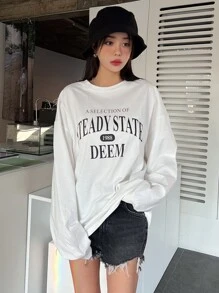 DAZY 1 chiếc áo thun oversize hở vai in chữ, quần áo thu dài tay cho nữ - trắng - Xem 3
