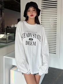 DAZY 1 chiếc áo thun oversize hở vai in chữ, quần áo thu dài tay cho nữ - trắng - Xem 4