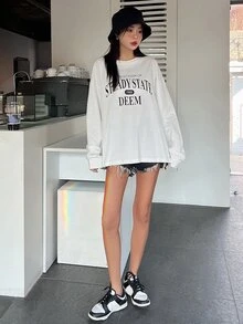 DAZY 1 chiếc áo thun oversize hở vai in chữ, quần áo thu dài tay cho nữ - trắng - Xem 5