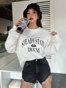 DAZY 1 chiếc áo thun oversize hở vai in chữ, quần áo thu dài tay cho nữ - trắng - Xem 6