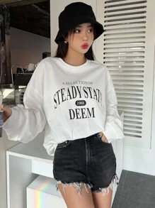 DAZY 1 chiếc áo thun oversize hở vai in chữ, quần áo thu dài tay cho nữ - trắng - Xem 7