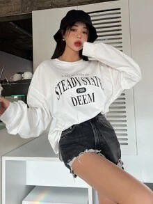 DAZY 1 chiếc áo thun oversize hở vai in chữ, quần áo thu dài tay cho nữ - trắng - Xem 8