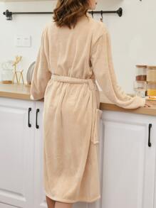 1pc Bathrobe With Sleeves, Lapel Collar Long Robe, Solid Color, Coral Fleece, Soft, Absorbent, For Home, Hotel, Pool, Spa, Personal Use Or Gift
