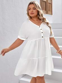 SHEIN VCAY 大碼前紐扣荷葉邊洋裝 - 白色 - 查看 4
