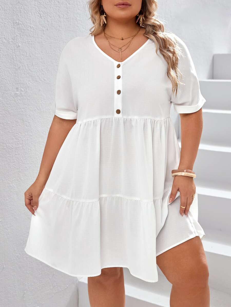 SHEIN VCAY 大碼前紐扣荷葉邊洋裝 - 白色 - 查看 1
