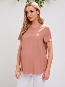 SHEIN Maternity Scallop Trim Solid Top - Coral Pink - View 3