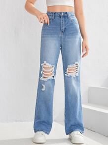 SHEIN Teen Girls Ripped Straight Leg Jeans - Light Wash - View 1