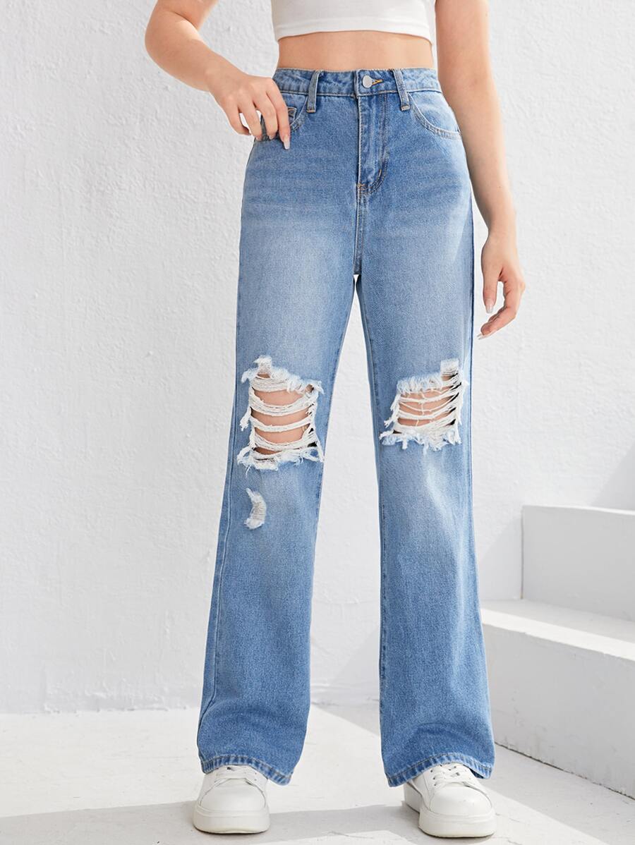 SHEIN Teen Girls Ripped Straight Leg Jeans - Light Wash - View 1