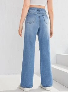 SHEIN Teen Girls Ripped Straight Leg Jeans - Light Wash - View 2