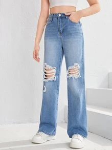 SHEIN Teen Girls Ripped Straight Leg Jeans - Light Wash - View 3