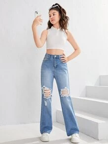 SHEIN Teen Girls Ripped Straight Leg Jeans - Light Wash - View 5