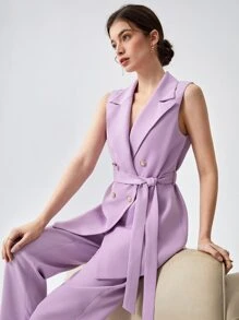 雙排釦腰帶馬甲西裝外套工作服 - 紫丁香色 - 查看 1