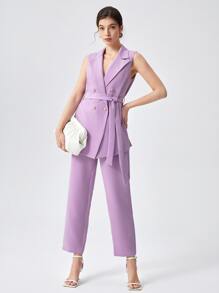 雙排釦腰帶馬甲西裝外套工作服 - 紫丁香色 - 查看 5