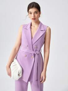 雙排釦腰帶馬甲西裝外套工作服 - 紫丁香色 - 查看 2