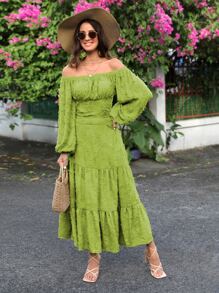 SHEIN VCAY Falda de talle alto bajo con fruncido - Verde Lima - Ver 3