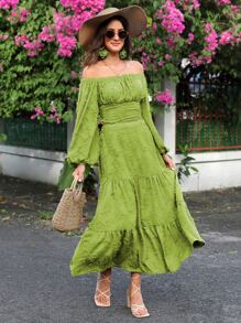 SHEIN VCAY Falda de talle alto bajo con fruncido - Verde Lima - Ver 4