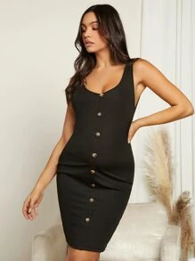 SHEIN Maternity Single Breasted Bodycon Dress - Black - View 3