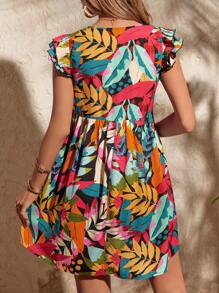 SHEIN VCAY 滿版樹葉印花蝴蝶袖連衣裙 - 彩色 - 查看 2