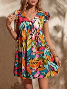 SHEIN VCAY 滿版樹葉印花蝴蝶袖連衣裙 - 彩色 - 查看 4