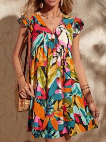 SHEIN VCAY 滿版樹葉印花蝴蝶袖連衣裙 - 彩色 - 查看 5