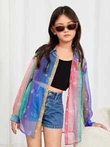 SHEIN Girls Heart Print Drop Shoulder Shirt - Multicolor - View 1