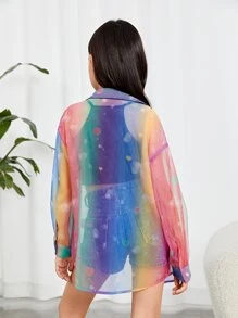 SHEIN Girls Heart Print Drop Shoulder Shirt - Multicolor - View 2