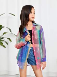 SHEIN Girls Heart Print Drop Shoulder Shirt - Multicolor - View 3