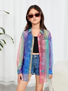 SHEIN Girls Heart Print Drop Shoulder Shirt - Multicolor - View 4