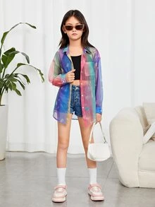 SHEIN Girls Heart Print Drop Shoulder Shirt - Multicolor - View 5