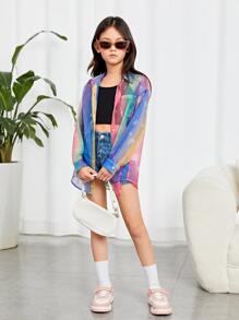 SHEIN Girls Heart Print Drop Shoulder Shirt - Multicolor - View 6