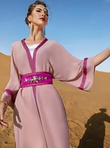 Al Najma 拼接邊喇叭袖腰帶阿拉伯罩袍 - 粉色 - 查看 5