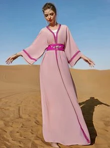 Al Najma 拼接邊喇叭袖腰帶阿拉伯罩袍 - 粉色 - 查看 7