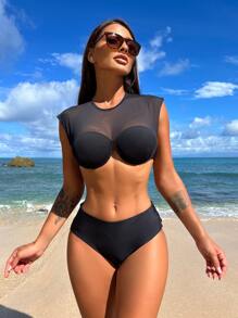 反差網眼帶鋼圈夏季海灘比基尼套裝 - 黑色 - 查看 3