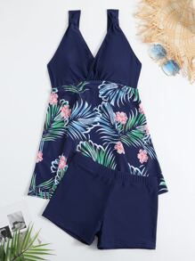 Swim Lushoire Random Tropical Print Tankini Set Knot Strap Longline Tank Top & Boxer Shorts 2 Piece Swimsuit,Summer Beach - Navy Blue - View 3