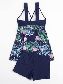 Swim Lushoire Random Tropical Print Tankini Set Knot Strap Longline Tank Top & Boxer Shorts 2 Piece Swimsuit,Summer Beach - Navy Blue - View 4