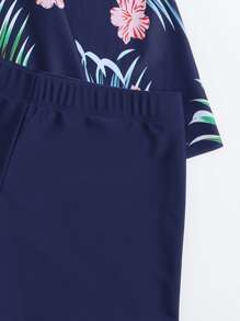 Swim Lushoire Random Tropical Print Tankini Set Knot Strap Longline Tank Top & Boxer Shorts 2 Piece Swimsuit,Summer Beach - Navy Blue - View 5