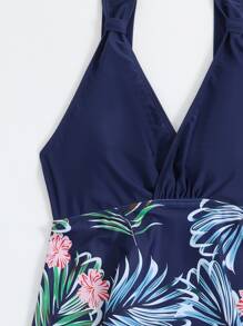 Swim Lushoire Random Tropical Print Tankini Set Knot Strap Longline Tank Top & Boxer Shorts 2 Piece Swimsuit,Summer Beach - Navy Blue - View 6