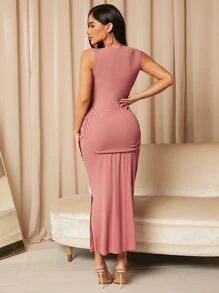 SHEIN Maternidad Top tank unicolor fruncido lateral & Falda bajo con abertura - Rosa vieja - Ver 2