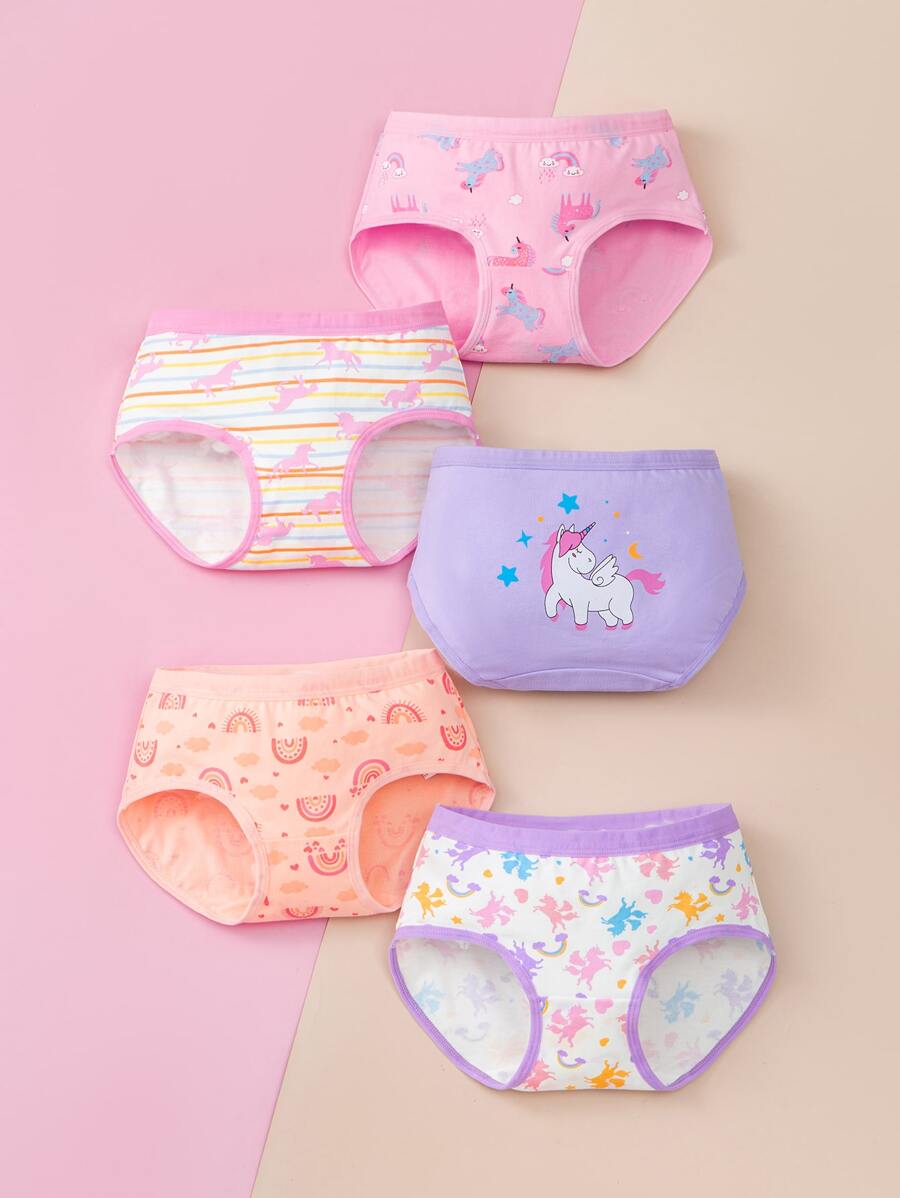 Young Girl 5pcs Striped & Unicorn Print Brief - Multicolor - View 1