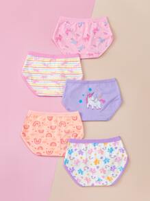 Young Girl 5pcs Striped & Unicorn Print Brief - Multicolor - View 2