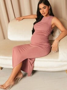 SHEIN Maternidad Top tank unicolor fruncido lateral & Falda bajo con abertura - Rosa vieja - Ver 5