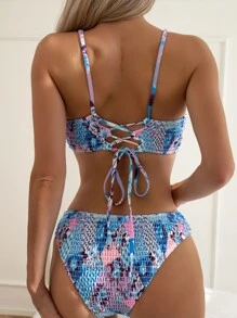 SHEIN Swim 全印花露脊夏日沙灘比基尼套裝 - 彩色 - 查看 3