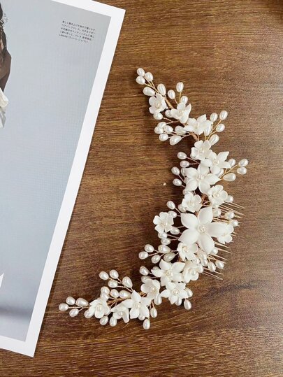 花朵与仿珍珠装饰新娘发梳，优雅波西米亚风情人节配饰